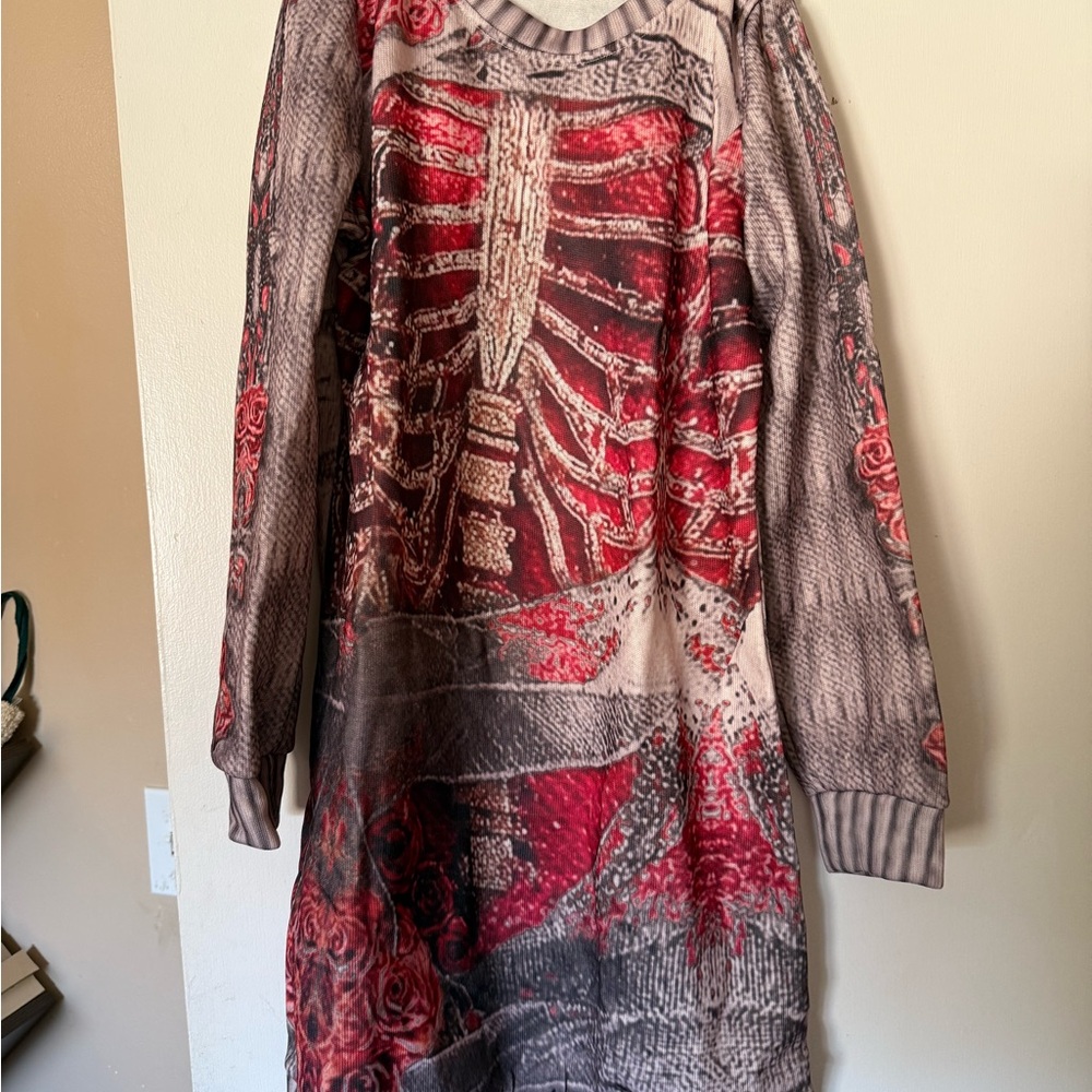 Printed Ribcage & Rose Long Sleeve Dress - Red & Gray